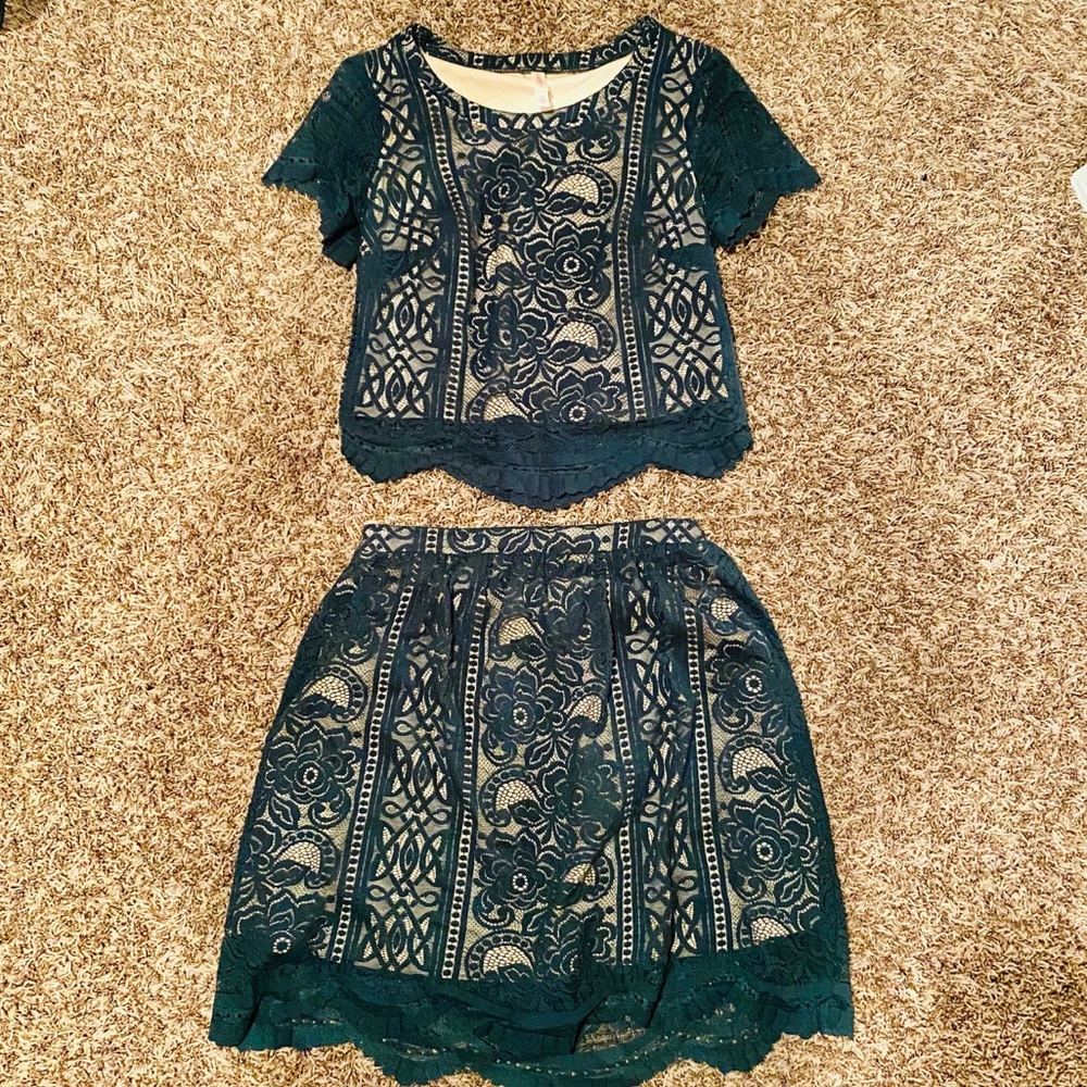 green lace crop top and mini skirt set